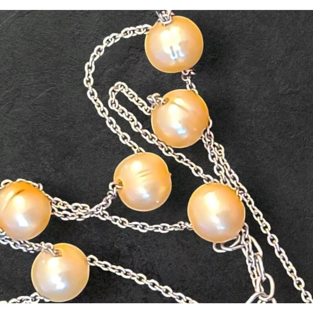 Silver Tone Chain Champagne Pearl Station Necklace 18"-20" - Picture 3 of 6